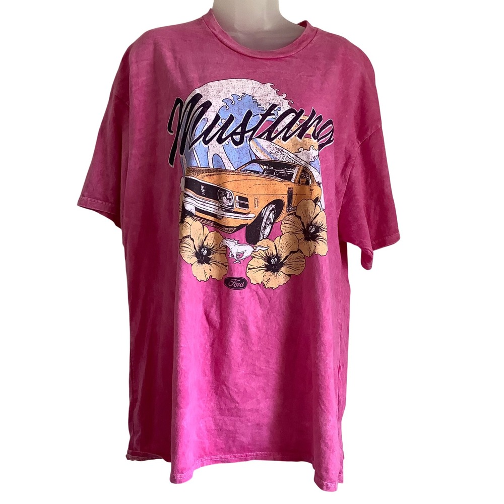 Ford‎ Mustang Graphic Tee Pink Mineral Wash Surf Floral Oversized T-Shirt 2X NEW